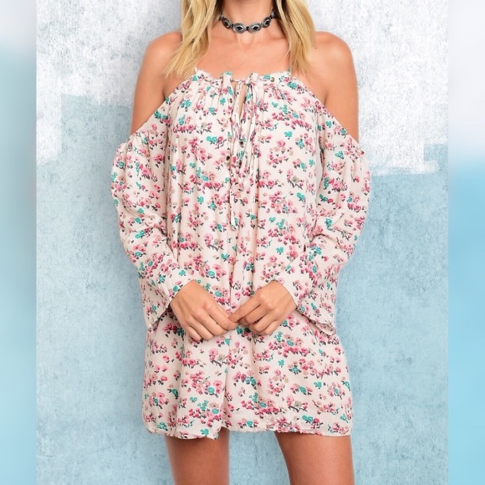 Pink Floral Cold Shoulder Dress