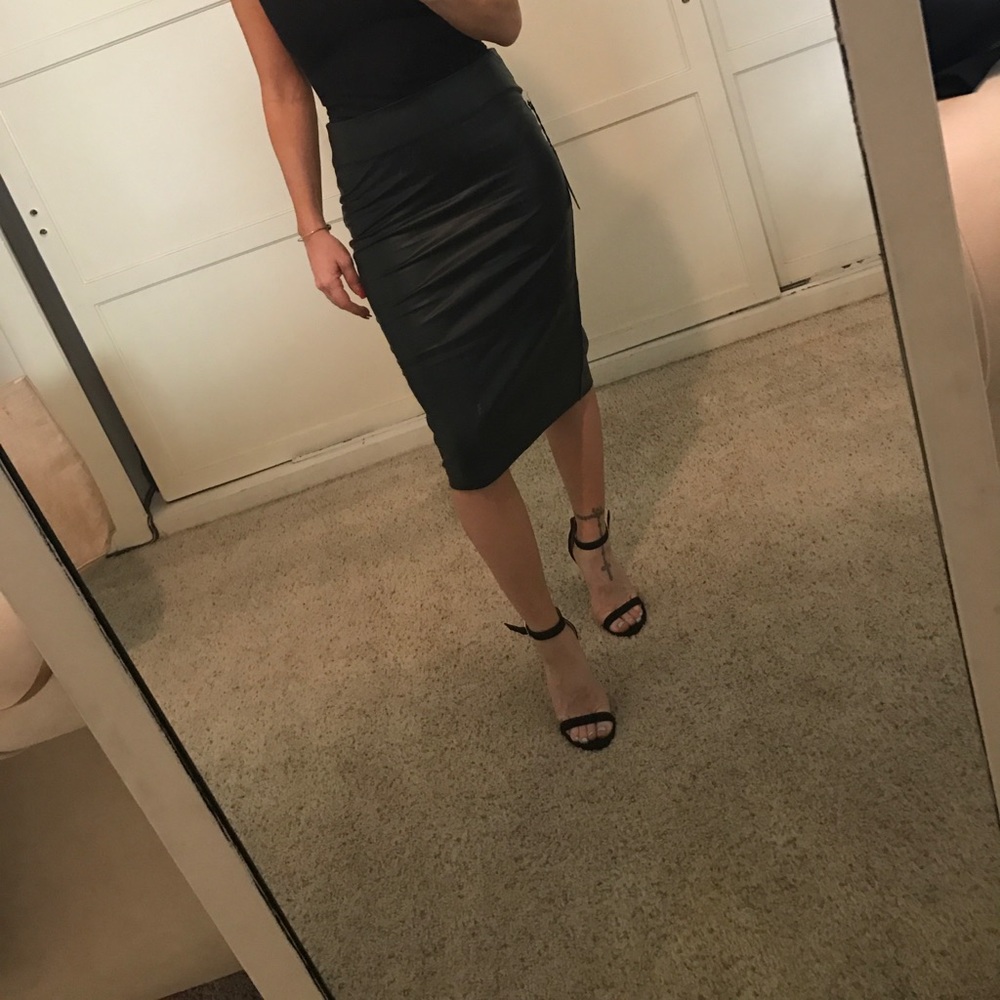 Midi Length Faux Leather Skirt