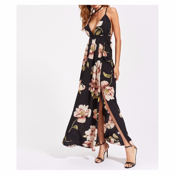 Black Floral Plunge Backless Slit Maxi Dress - Picture 4 of 5