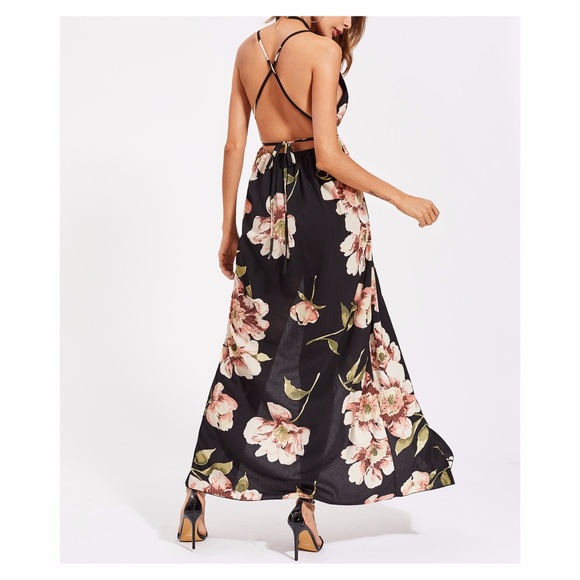 Black Floral Plunge Backless Slit Maxi Dress - Picture 5 of 5