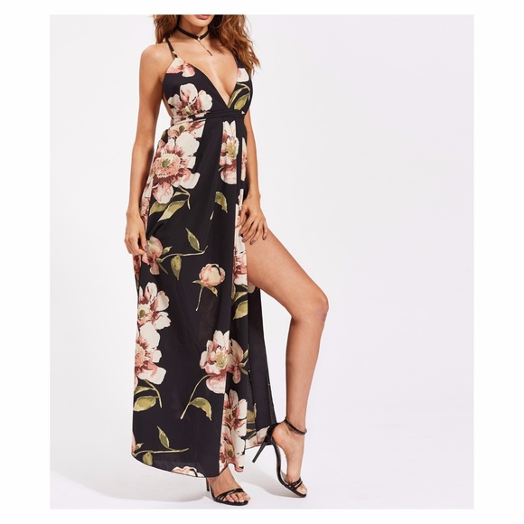 Black Floral Plunge Backless Slit Maxi Dress - Picture 3 of 5