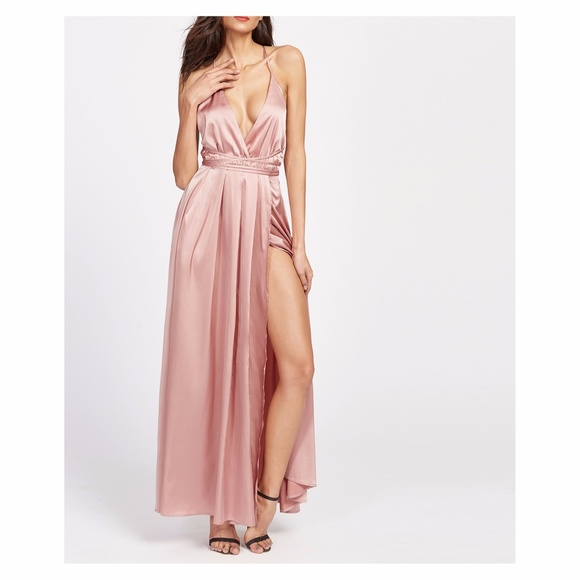 ^ Pink Satin Plunge Backless Slit Maxi Dress - Picture 2 of 7