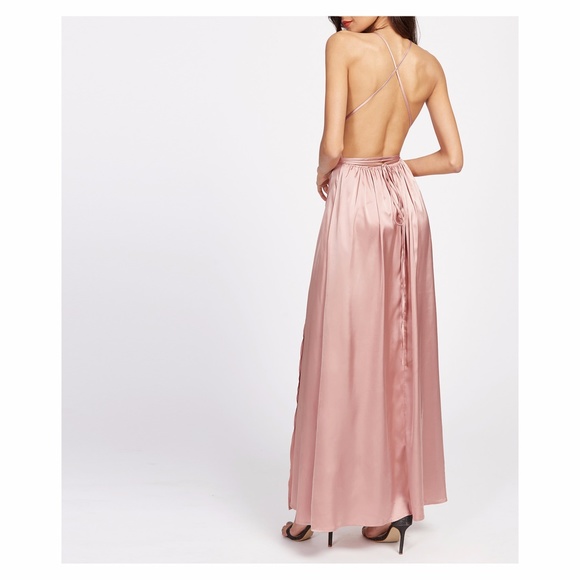 ^ Pink Satin Plunge Backless Slit Maxi Dress - Picture 4 of 7