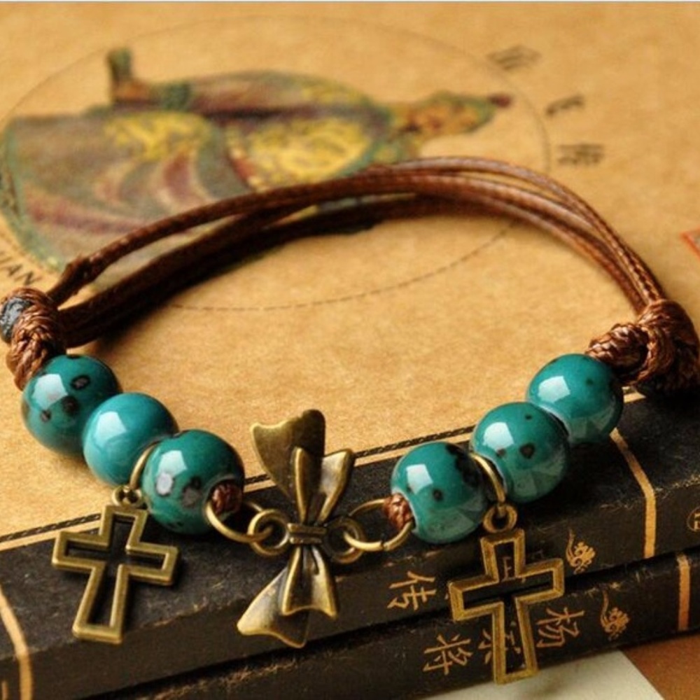 Lovely vintage round beads cross bowknot bracelet
