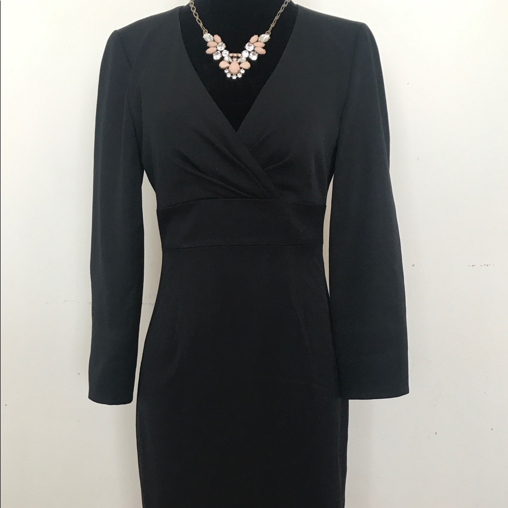 Draped v-neck wool dress with 3/4 sleeves