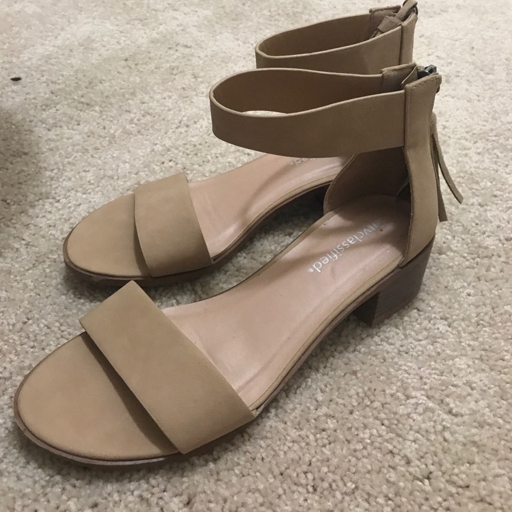 Nude Ankle Strap Block Heel Tassel Sandals