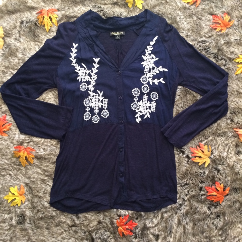 Solitaire Embroidered Button Down Blouse