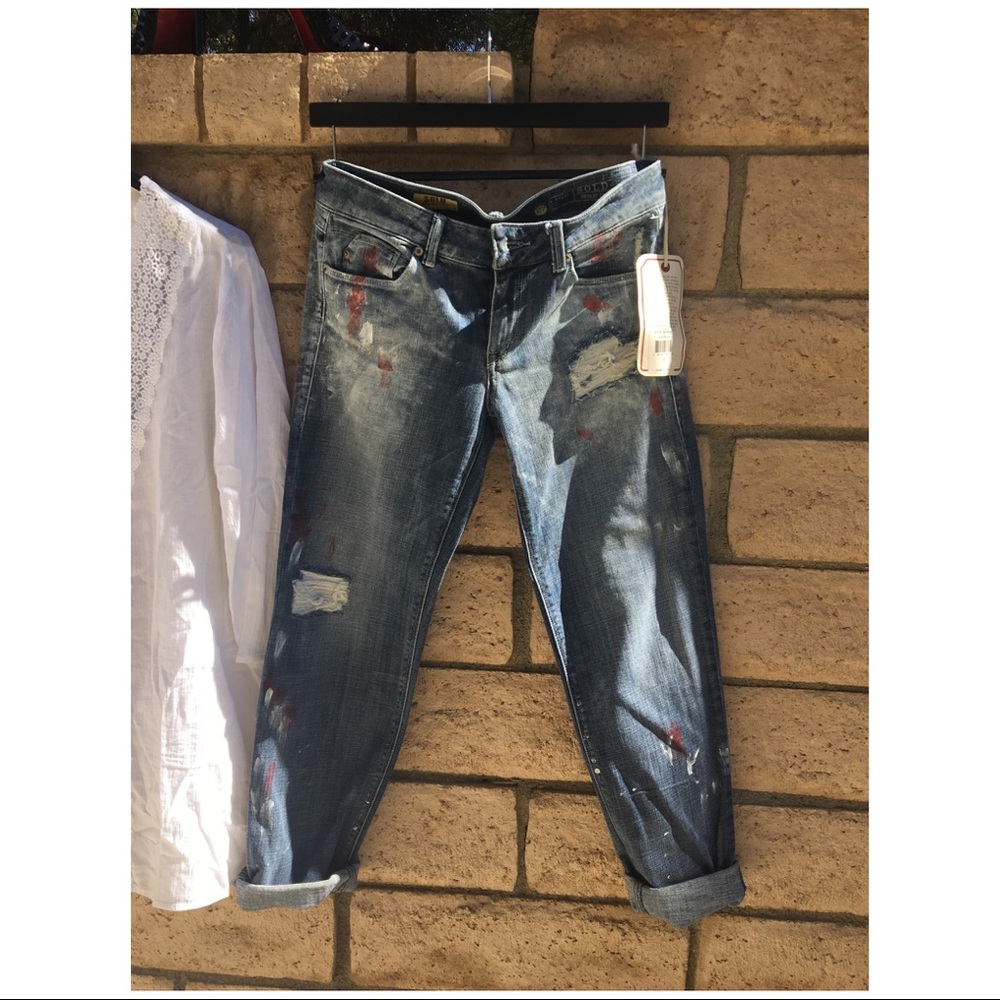 Distressed Jeans w/Red & White Paint Splashes
