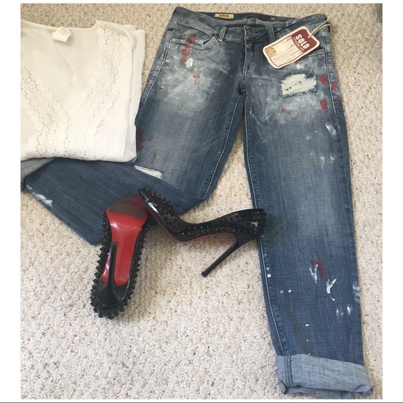 Distressed Jeans w/Red & White Paint Splashes - Picture 4 of 8