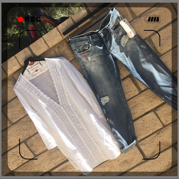 Distressed Jeans w/Red & White Paint Splashes - Picture 2 of 8