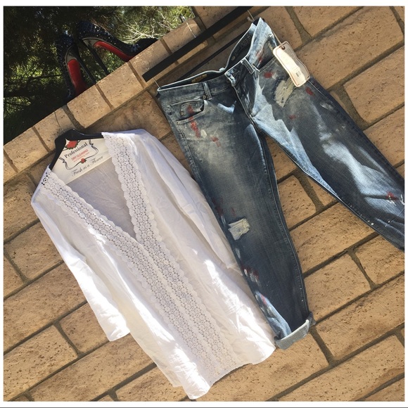 Distressed Jeans w/Red & White Paint Splashes - Picture 7 of 8