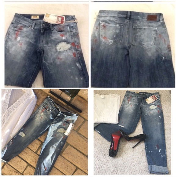 Distressed Jeans w/Red & White Paint Splashes - Picture 8 of 8