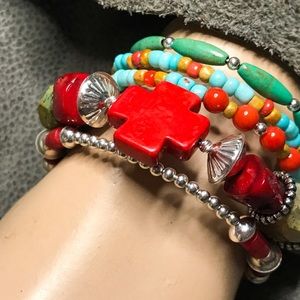 SS Native Southwest Coral Turquoise Bracelet