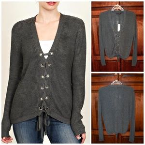 COZY Lace Up Tie Front Charcoal V-Neck Sweater