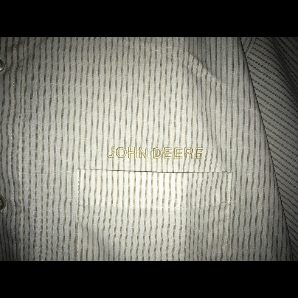 John Deere white w/brown stripes button down shirt