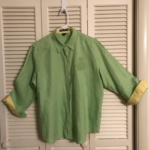 Linen Blouse with yellow lined collar and cuffs.