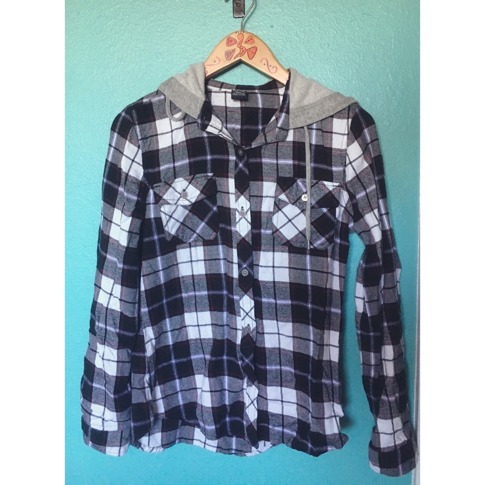 Flannel shirt with hood.