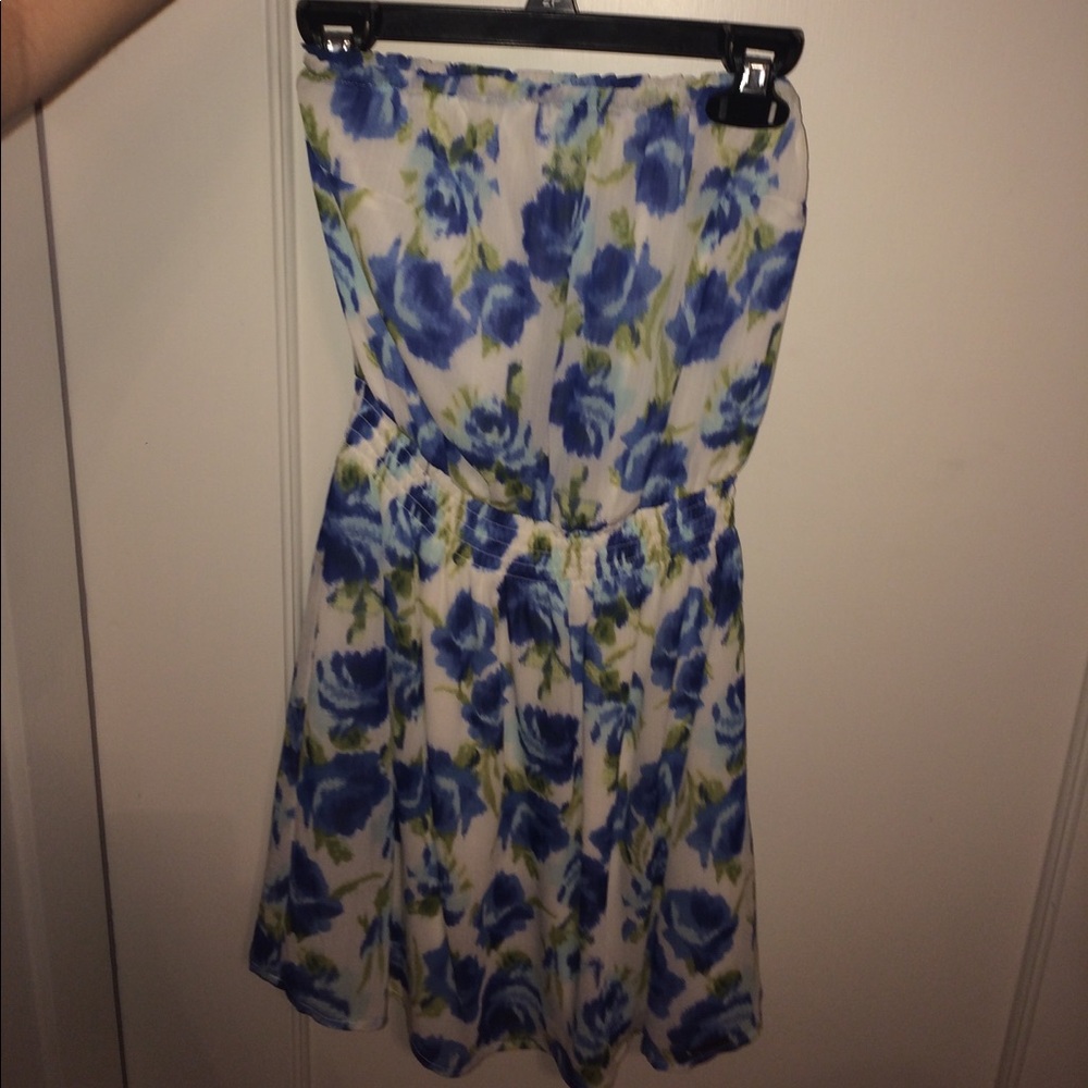 strapless white dress with blue flowers