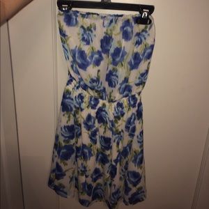 strapless white dress with blue flowers