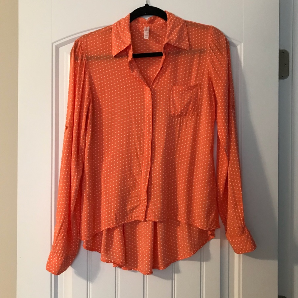 Coral & White Polka Dot High-Low Blouse