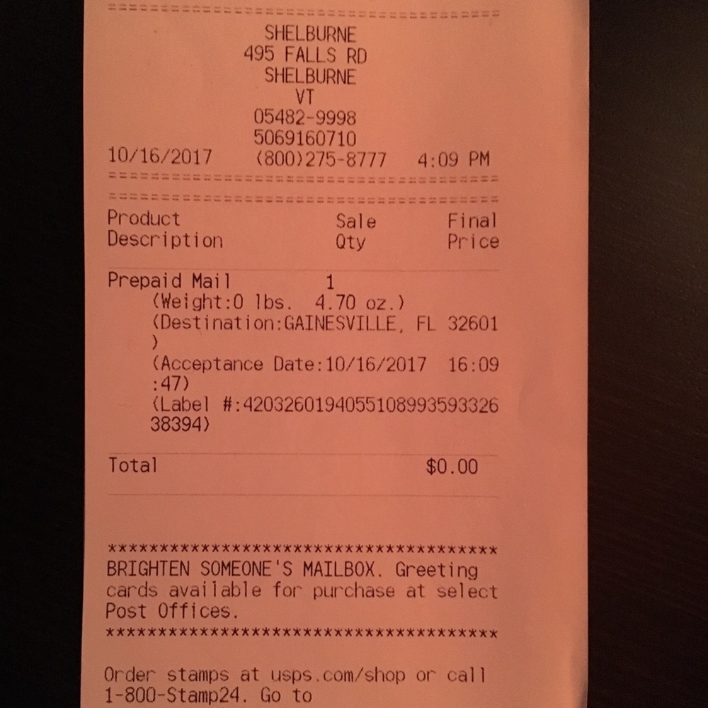 Receipt of Mailing for sydneylang123