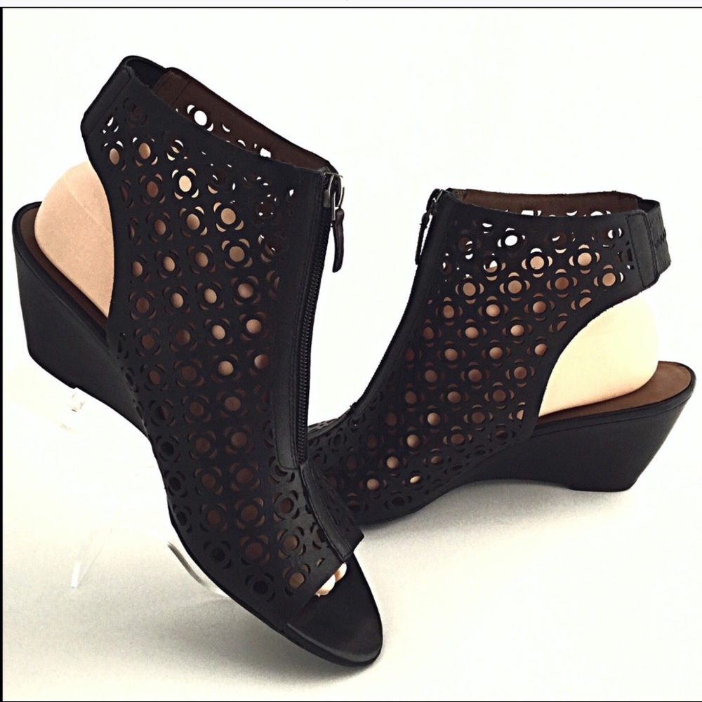 Franco Sarto Wedge Cutout Peep Toe Black Leather
