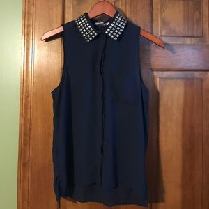 Navy blue sheer button up with studs