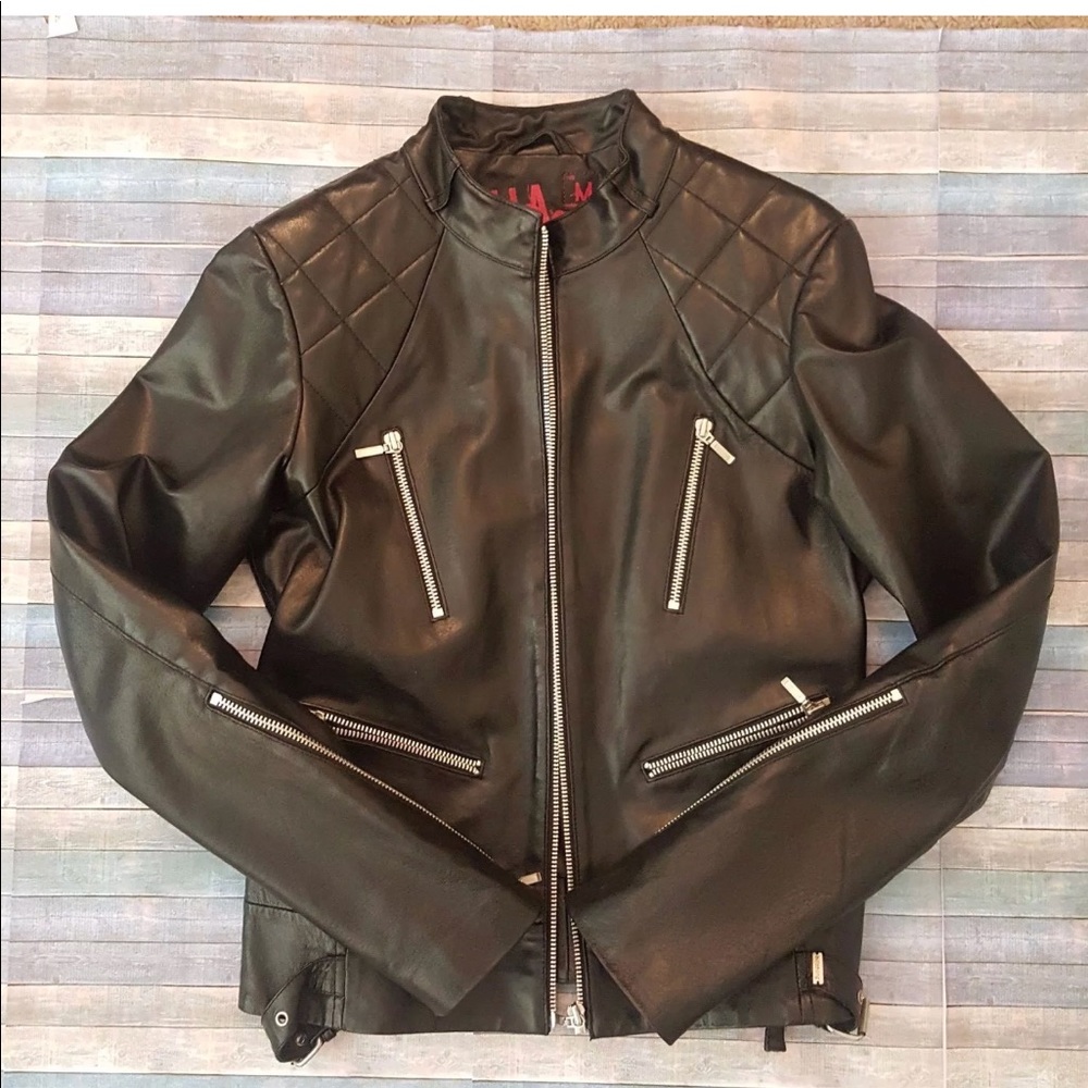 Billabong black real leather Moto motorcycle jacket L large quilted detail