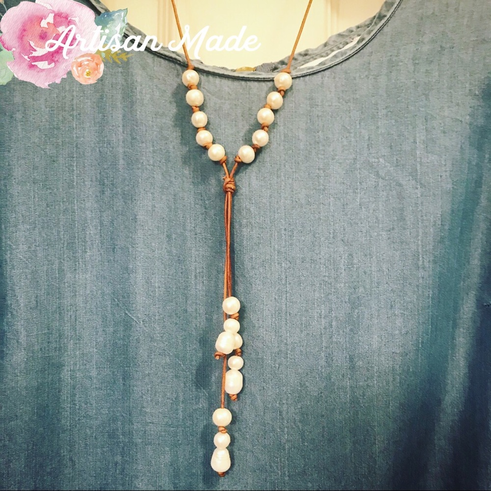 NEW Leather Pearl Statement Long Cluster Necklace