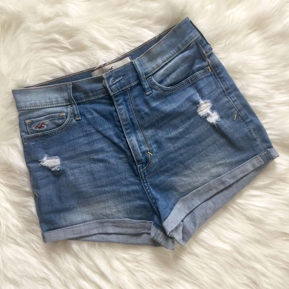 Hollister Distressed Denim Mid Rise Stretch Shorts