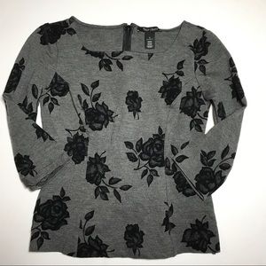 WHBM Ponte knit grey black floral top size 0 WHBM Ponte knit grey black floral top size 0