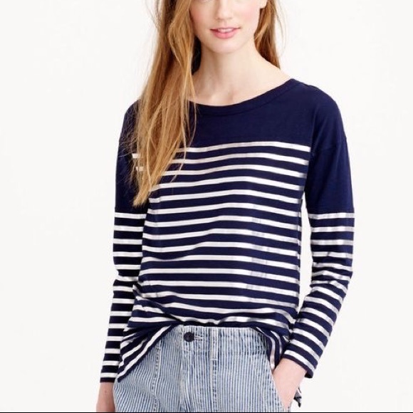 J. Crew Tops - J. Crew Metallic Stripe Tee Shirt XL Navy Silver
