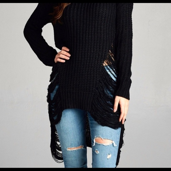 Distressed Frayed Tunic Sweater 