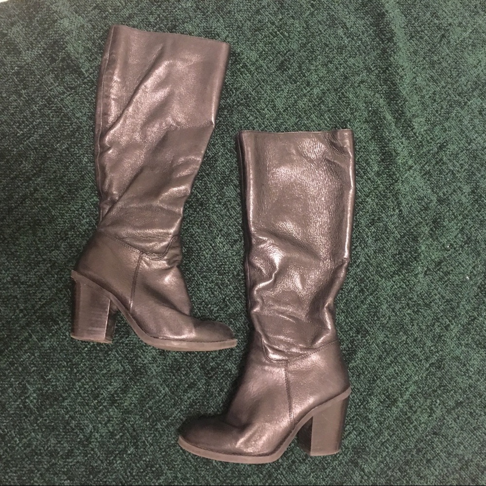 Nine West Black Leather Heeled Knee High Boots