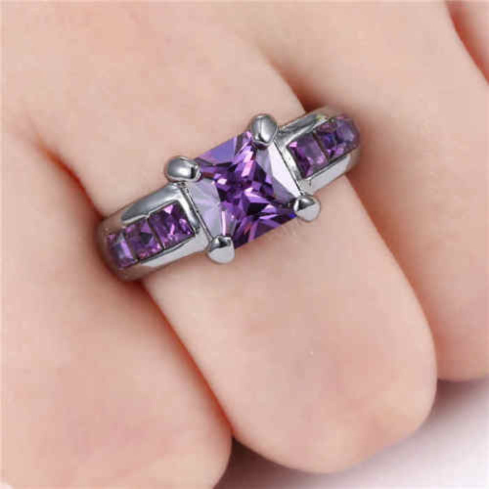 Black Rhodium Plated Purple Amethyst Ring Size 8