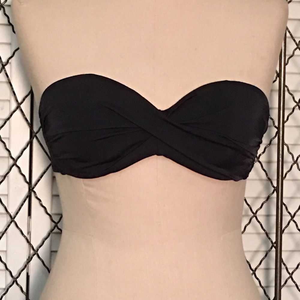 Black strapless push up bathing suit.