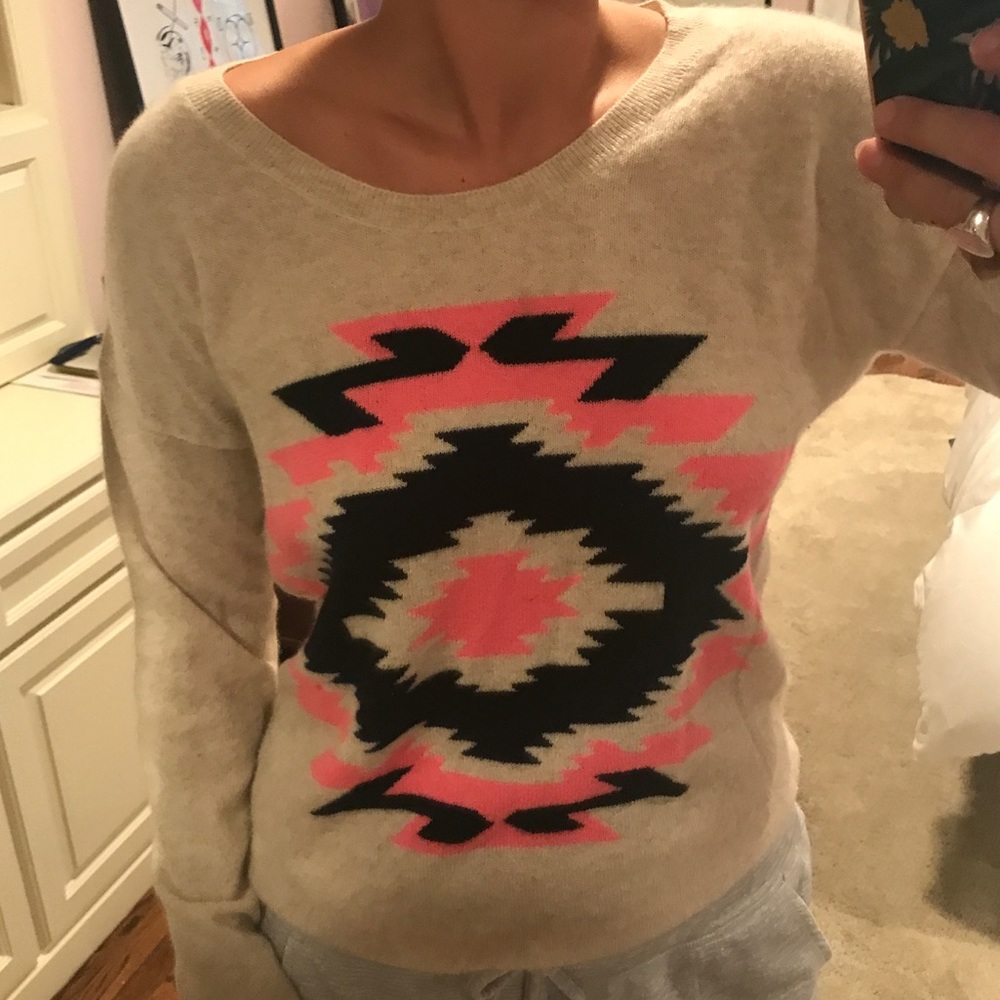 aqua cashmere Aztec camel pink and black sweater