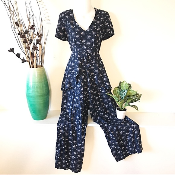 Vintage Pants - Vintage Boho Jumper Romper Peplum Blue Floral