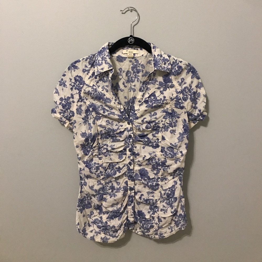 Blue and white floral shirt