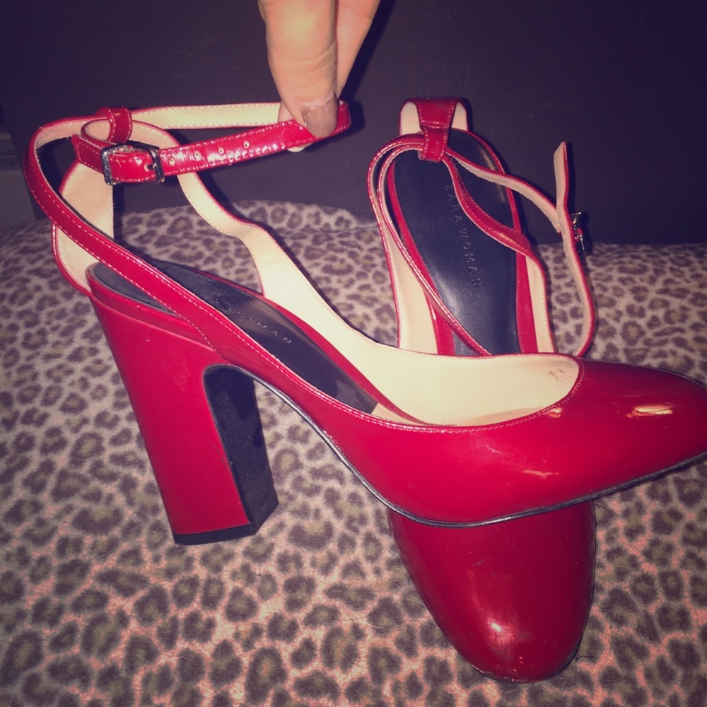 Patent Leather Red Ankle Strap Block Heels