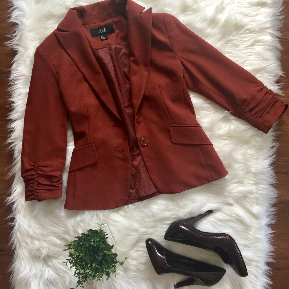 Forever 21 Orange Blazer Ruched 3/4 Sleeves EUC