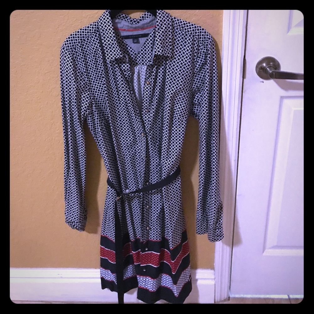Navy blue and white patterned shirt dress