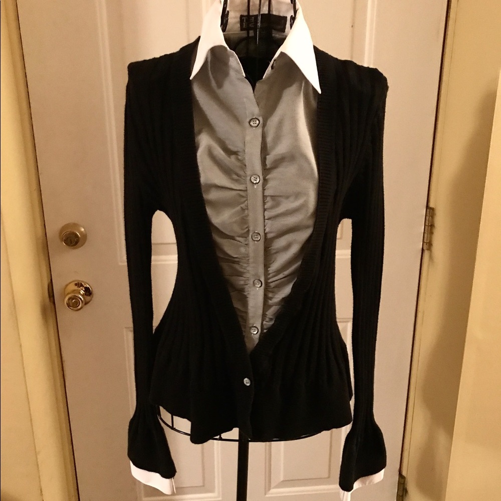 Black Ribbed Sweater w Rouched Button Down Front