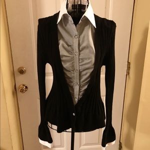 Black Ribbed Sweater w Rouched Button Down Front