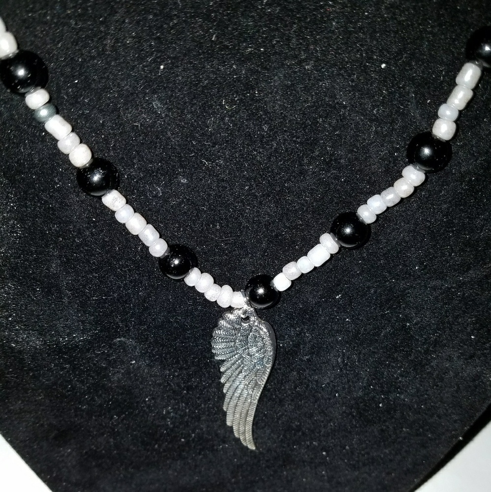 Mens Glass beads Elastic Necklace with Wing Charm