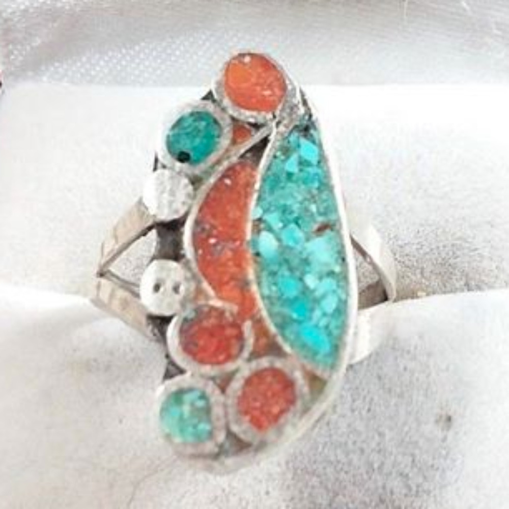 Authentic Vintage Navajo Turquoise & Coral Ring