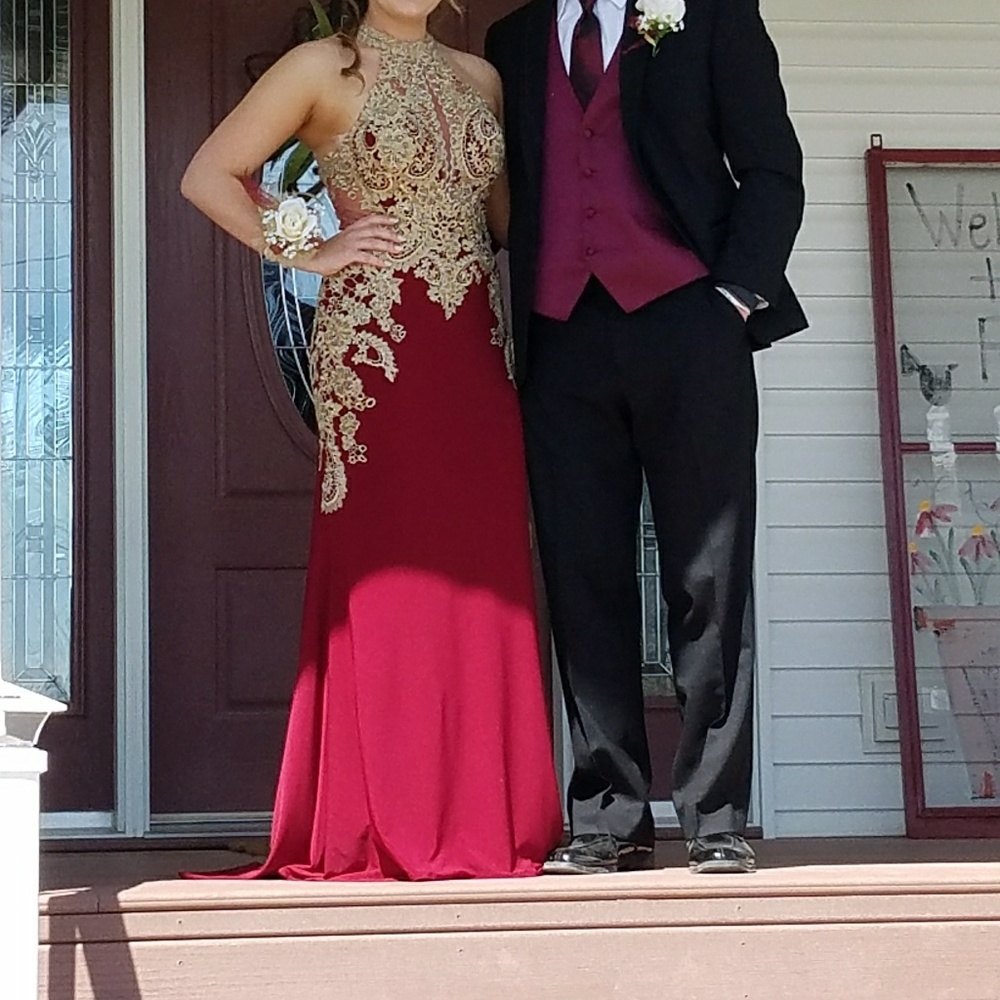 Red and gold prom dress.