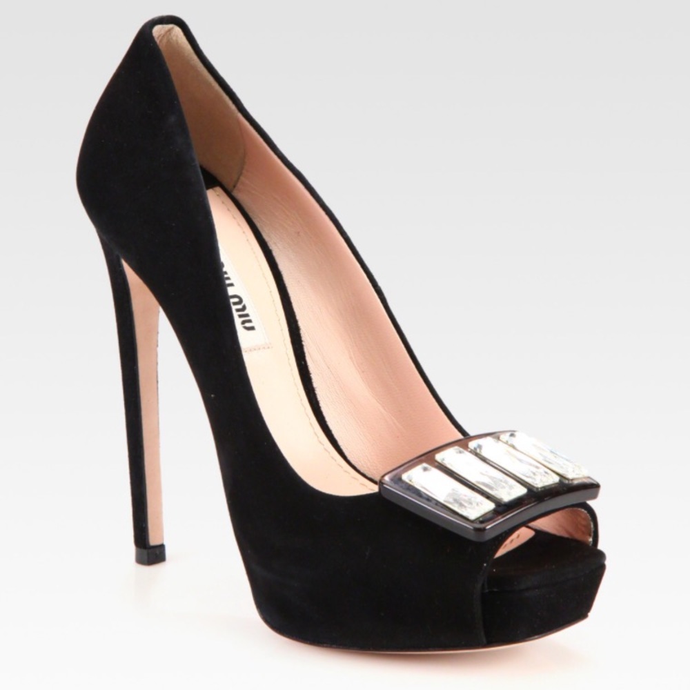 Miu Miu Black Jeweled Suede Peep Toe Buckle Pumps