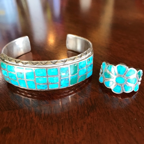 Vintage inset cuff bracelet & ring - Picture 2 of 7