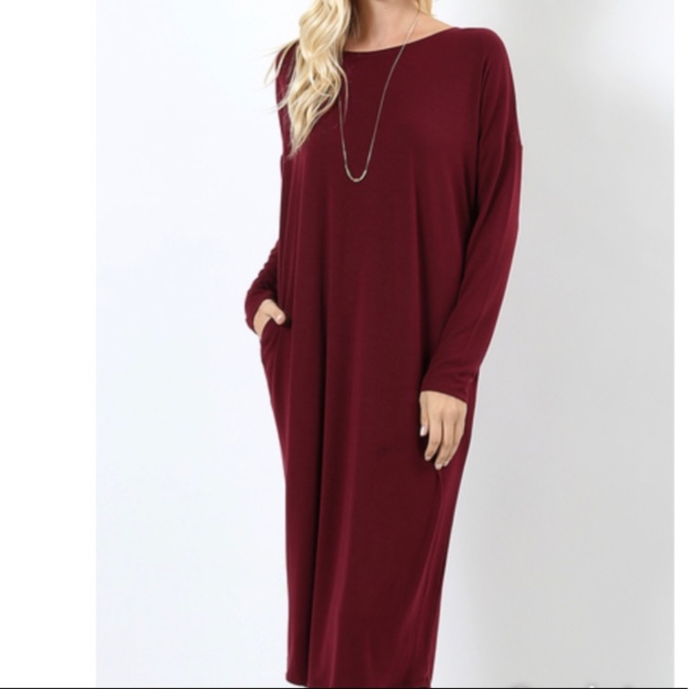 TSHIRT DRESS WITH POCKETS IN BURGUNDY - Picture 2 of 5